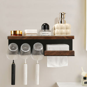 Walnut Wooden Toothbrush Holder Wall Mounted Bathroom Organizer Vintage Luxury Style Toothpaste Cup Rack for Household Use