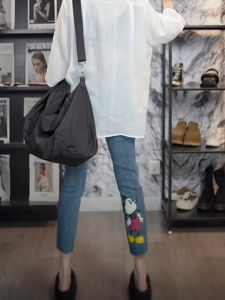 Retro Hole Small Foot Jeans Womens New Autumn Large Size Pear Shape Small Bullet Elastic Eight Tube Smoke Tube Pants