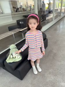 ชุดเช็ตเด็กผญ ชุดเดรสเด็กผู้หญิง ดีไซน์ลายทางเกาหลีสุดทันสมัย ชุดเดรสคาร์ดิแกนแขนยาว + เสื้อกั๊กผ้าฝ้าย สำหรับเด็กผู้หญิง 23924