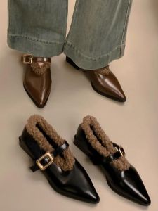 WANGGONGZHU | Mary Jane Single Shoes Fleece Lined Pointed Toe Womens Outdoor Wear Warmth Fashionable Thick Heel Princess Style Casual Shoes