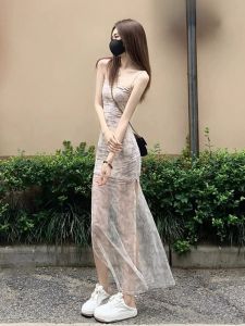 Small French Style Pure Desire Style Split Sling Dress Summer New Arrival Beautiful Seaside Vacation Mesh Long Dress Female
