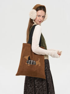 Plaid Coat Wearing Dog Warm Brown Suede Multi Material Heavy Duty Patchwork Embroidery Tote Fashionable Canvas Bag for Teens