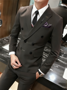 Winter Double-Breasted British Style Mens Suit Casual Slim-Fit Wedding Outfit Three-Button Half-Matching Lapel Westwear