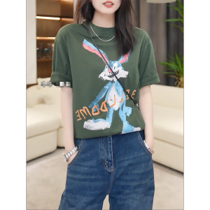 QINGNAER | Retro Cartoon Rabbit Print T-Shirt Loose Fit