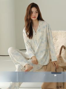 MiiOW | Bộ đồ ngủ lụa mềm thoải mái thoáng khí bằng cotton lanh dành cho nữ Bộ đồ mặc nhà cao cấp có thiết kế cổ bẻ dài tay