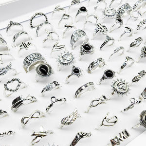 50pcs/lot Bulk New Mix Design Bohemia Vintage Rings For Women Black Enamel Metal Fashion Charms Party Gift Flower Finger Jewelry
