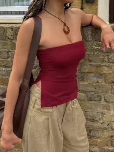Womens Shoulder Bared Strapless Side Split Crop Top Single Piece Open Backless Bustier