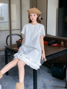 Unique Beautiful Wooden Edge Trim Splice White Dress Women Summer 2025 New Small Size Slim Sweet Skirt High Waist Short Sleeve