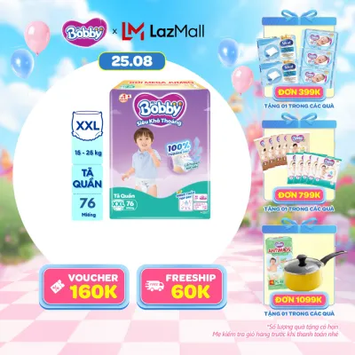 [25-29.08 QUÀ TO]Tã/bỉm quần Bobby 3mm Mega Jumbo Siêu khô thoáng XXL76 [Bao bì thay đổi theo từng đợt nhập hàng]