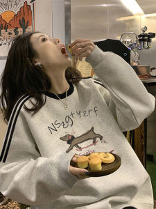 Loose Fit Womens round Neck Sweatshirt Thin Spring Autumn Three Bars Design Comfortable Lazy Style American Retro Hong Kong Flavor Top Trendy Brand