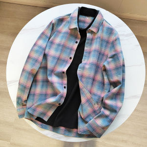 Looks Stylish on Me! Beautiful Online! Spring & Fall New Arrival Men Dralon Fake Two-Piece Plaid Bottoming Shirt Long Sleeves Shirt
