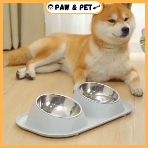 Pet Double Food Bowl With Stainless Steel Bowl Anti-Slip Pet Feeder Food Bowl Prevent Leakage For Cat & Dogs