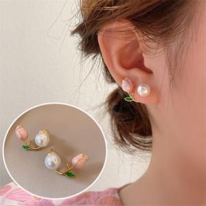 Corinna 1 Pair Korean Pearl Pink Tulip Flower Stud Earrings Sweet Fashionable Earrings Wedding Party Temperament Jewelry Spring Summer Earrings Jewelry Accessories For Women Girls