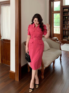 GLEC | Plus Size French Workwear Style Retro Magenta Young Fashionable Dress