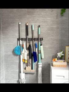 Aluminum Bathroom Mop Holder Wall Clamp Free Punch Mop Clip No need to drill glue for installation Snap-on shelves