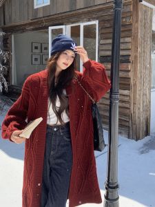 Heavyweight Retro Twist Loose Fit Autumn Winter Thickened Medium Length Open Cardigan Womens Wine Red Sweater Jacket