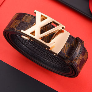 Mens Top Grain Leather Belt Business Casual Automatic Buckle Waist Belt for All Ages Checkered Pattern High Fashion