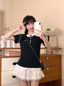 Korean Style Button Splice Color round Neck Short Sleeve T-Shirt Women  Artistic Letter Embroidery Slimming Versatile Short Type