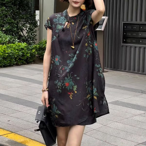 Shalldoer | Bộ đồ hai mảnh thời trang mới phong cách Trung Hoa dành cho nữ mùa hè Áo sơ mi in họa tiết và quần short cạp cao có nút thắt bên hông