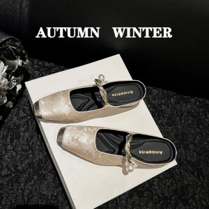 French Style Temperament Toe Cap Semi Slipper Summer Womens Outwear Fashion Square Toe Chunky Heel Half-Support Muller Shoes Plus Size Womens Shoes 41-43