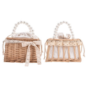 Retro Women Rattan Woven Lace Pearl Chain Drawstring Small Basket Shoulder Bags