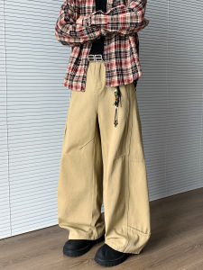 Vintage Loose Casual Kaki Denim Pants Mens Autumn Wide Leg Pants Pleated Loose Fit Comfortable Casual Style Youth Fashion