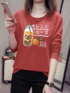 Pure Cotton Long Sleeve Base Shirt Womens Spring Autumn Loose Fit Casual Top round Neck 3D Print Creative Design T-shirt