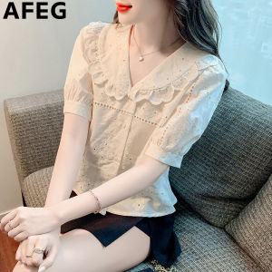 AFEG new Korean version of the lapel short fashion slim embroidered short-sleeved blouse