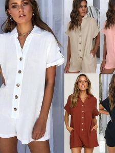 Comfortable Loose Womens Shirt Jumpsuit with Turn-down Collar Straight Leg Pants Natural Waist Five-Quarter Length Knitted