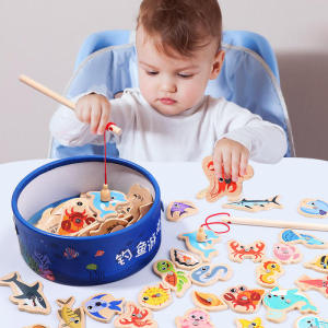 Wooden Magnetic Fishing Toys for Children Marine Life Cognition Fish Games Baby Early Educational Parent-child Interactive Toy