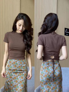 Pure Cotton round Neck Short Sleeve T-Shirt Womens 2025 New Summer Spicy Hollow out Waist Design Slim Fit Sweet And Spicy Top