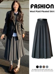 YIFANSHI | Deep Grey High Waist Wool Blend Pleated A-line Flared Skirt for Fall