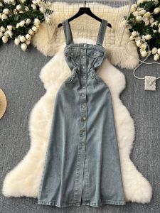 Vintage Pháp Đã Giặt Được Denim Đầm Nữ Ôm Vừa Vặn Sling Midi Đầm Thời Trang Sành Điệu Làm Mỏng Chân Váy Chữ A Tất Cả Các Mùa Cộc Tay Không Tay