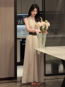 Karrar betsey | Summer Elegant Sleeveless Neck Hanging Strap Dress Womens High Waist A-Line Long Dress Standard Fit Daily Wear V-Neck Gown