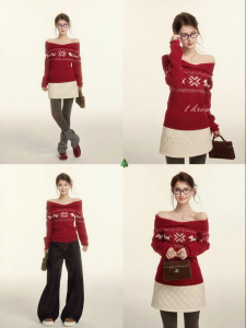 THROUS | Áo Sweater Đỏ Thêu Thiết Kế Trễ Vai Ôm Sát