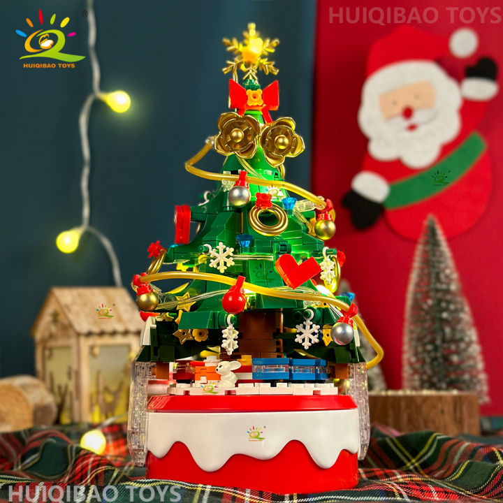 HUIQIBAO Mini Christmas Tree Santa Claus Music Box Model Micro Bricks ...