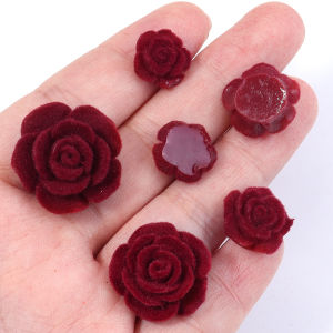 20pcs Surface Velvet Resin Rose Flower Beads Korea Style Flat Back Red Artificial Rose Beads For DIY Women Hairclips Earrings