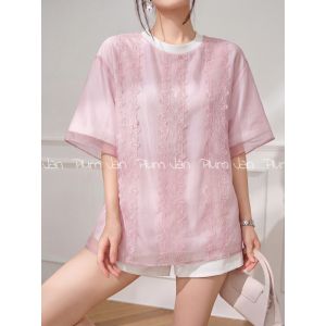 PlumJan | Áo Thun Tay Ngắn Thiết Kế Giả Hai Mảnh Voan Hồng Trẻ Trung