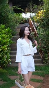 HJYN | Set linen tưng premium áo thắt nơ kèm quần short Morela màu trắng