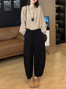 French Long Sleeve Shirt Set Womens High Waist Harlan Two-Piece Suit Spring Autumn New Style Age-Defying Small Top Button down