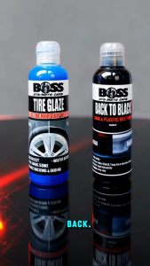 ORIGINAL BOSS BACK TO BLACK + TIRE GLAZE COMBO SET 2X65ML PLASTIC TRIM RESTORER POLISH RESTORER TIRE POLISH NON GREASY AUTOMOTIVE TIRE WAX SHINE WITH FREE MICROFIBER TOWEL AND SPONGE