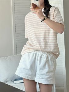 กางเกงขาสั้นทรงเอเอวสูงสไตล์ใหม่สำหรับผู้หญิง กางเกงขายาวทรงตรงหลวมๆ สำหรับฤดูร้อน ผ้าฝ้าย 100% ผลิตในจีน