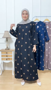 Dress Panjang Rosalia Motif Printing Batik Sakura Pekalongan Baju Piyama Rayon Panjang Wanita Muslimah Syari Bumil Busui Friendy Modis Kekinian