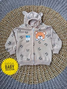 Raisa jaket anak hody 1-2 tahun dengan motif hati berwarna abu-abu biru hijau dan cokelat.