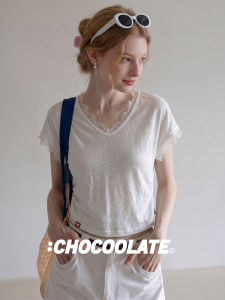 Short Sleeve V-Neck Lace Spliced T-shirt White