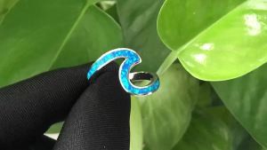 Silver Plated Blue Opal Wave RingBohemianShape Fashion Unique Statement Ring With Birthstone for Women GirlsBirthday Gift