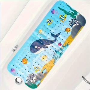 1pc Extra Long Bath Mat 40x100cm / 40x16inch – Non-Slip Bathtub Mat with Secure Suction Cups & Drain Holes Cartoon Shower Mats