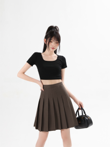 Khaki Mid-Length A-Line Pleated Skirt Womens Autumn High Waist Anti-Light Short Skirt High Waist Pleated Skirt Half Body Skirt