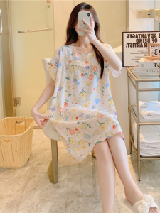 New Cotton Silk Sleep Dress Womens Spring Summer Autumn Thin Home Skirt Luxury Short Sleeve Large Size Cotton Silk Skirt