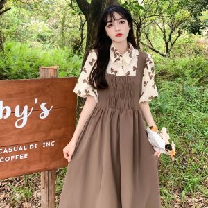 IELGY Fake two-piece knee-length dress with polo collar and puff sleeves for women